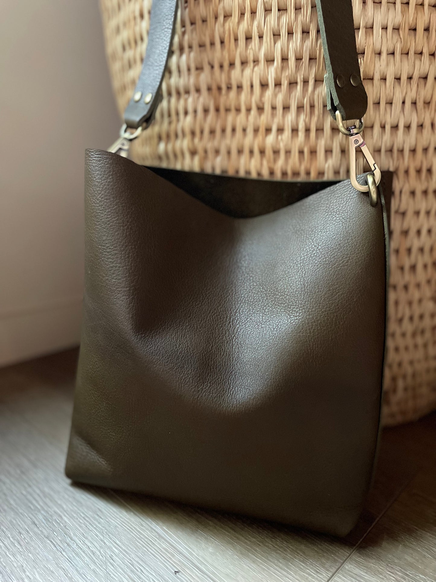 Medium Super Soft Bucket, Crossbody Bag - Deep Olive